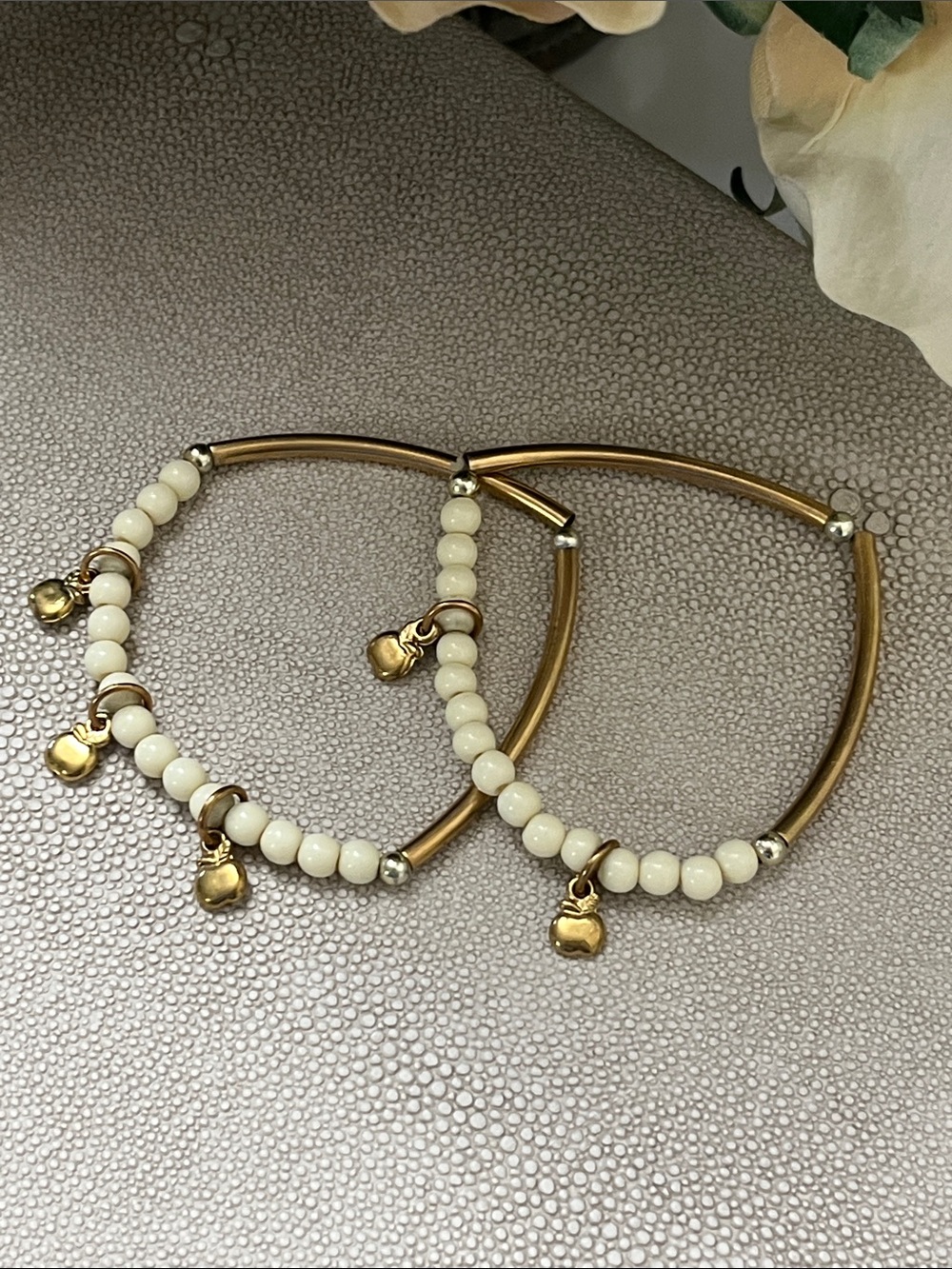 Mixed Metal Beaded Bracelet Set with Gold apple Charms
